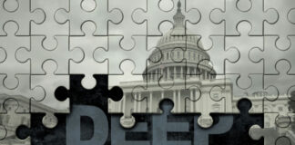 The Capitol behind Deep State puzzle pieces.