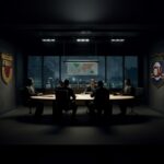 Bank CEOs SCRAMBLE to Emergency Fed Meeting… A group of individuals seated around a table in a dimly lit room with agency logos on the walls