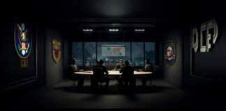 A group of individuals seated around a table in a dimly lit room with agency logos on the walls