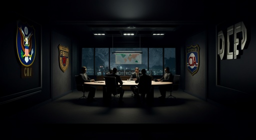 shutterstock_2670010645.jpg A group of individuals seated around a table in a dimly lit room with agency logos on the walls