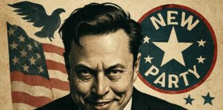 Illustration of a man tearing a MAGA shirt with political symbols in the background