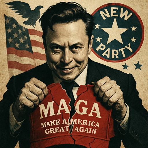 shutterstock_2703342689.jpg Illustration of a man tearing a MAGA shirt with political symbols in the background