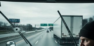 A truck driver with a tense expression, holding a steering wheel, with a broken windshield in view