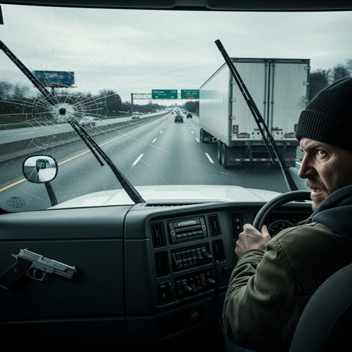 shutterstock_2703714031.jpg A truck driver with a tense expression, holding a steering wheel, with a broken windshield in view