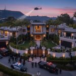 Luxury mansion surrounded by police and a helicopter in the Hollywood Hills at dusk