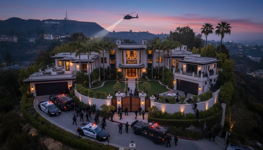 shutterstock_2744153031.jpg Luxury mansion surrounded by police and a helicopter in the Hollywood Hills at dusk
