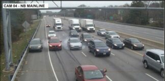 A traffic incident on a highway with multiple vehicles involved