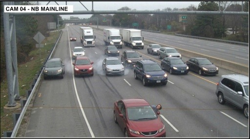 A traffic incident on a highway with multiple vehicles involved