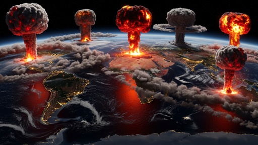 shutterstock_2756411779.jpg Multiple nuclear explosions occurring over the Earth from a space perspective