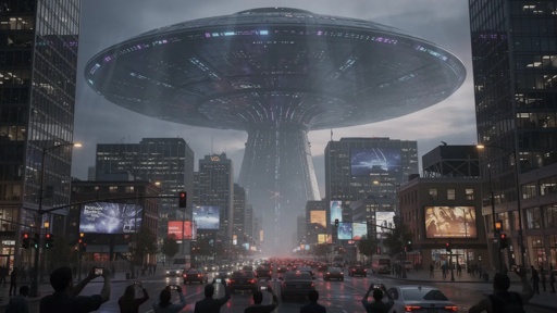 A large UFO hovering over a city street with people looking up in awe