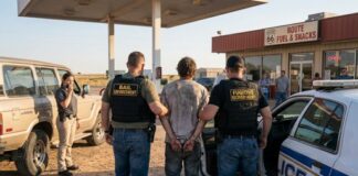Law enforcement officers arresting a suspect at a gas station