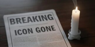 A newspaper with the headline 'BREAKING ICON GONE' next to a lit candle