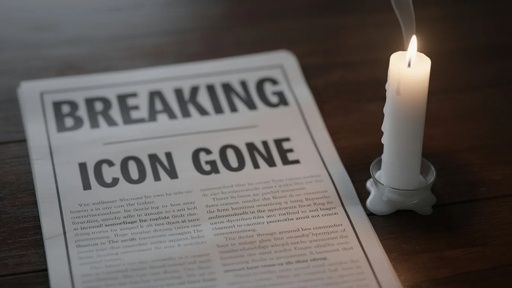 shutterstock_2767076471.jpg A newspaper with the headline 'BREAKING ICON GONE' next to a lit candle