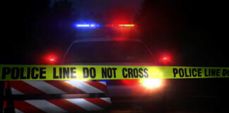 Police car behind yellow caution tape at night.