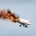 An airplane experiencing an explosion mid-flight with smoke and fire trailing behind