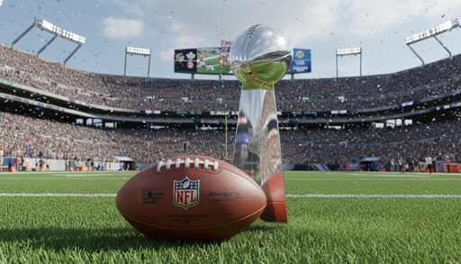 Nfl,Football,Game,Ball,With,Super,Bowl,Trophy,At,The NFL trophy and football on the field in a stadium