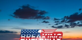 A skyline view of Washington D.C. at sunset with a 'Breaking News' graphic overlay