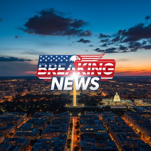 A skyline view of Washington D.C. at sunset with a 'Breaking News' graphic overlay