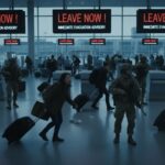 Crowd of people in an airport responding to evacuation alerts with military personnel present
