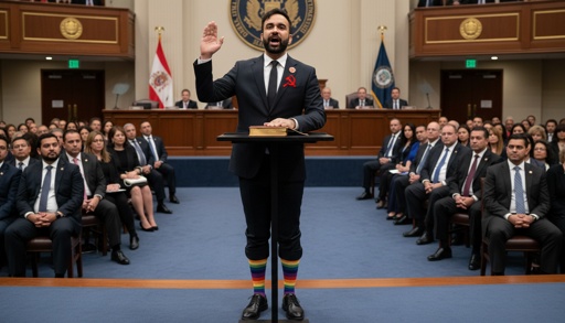 Image,Of,This,Man,(mayor,Mamdani,Being,Sworn,Into,Office A man in a suit taking an oath with a rainbow sock visible