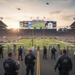 Police officers standing in front of a packed football stadium during sunset