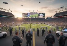 Police officers standing in front of a packed football stadium during sunset
