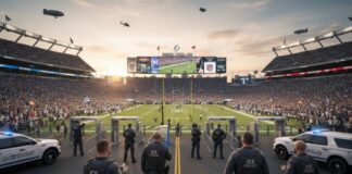 Police officers standing in front of a packed football stadium during sunset
