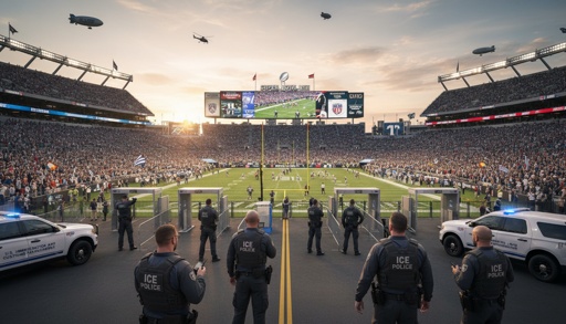 Police officers standing in front of a packed football stadium during sunset