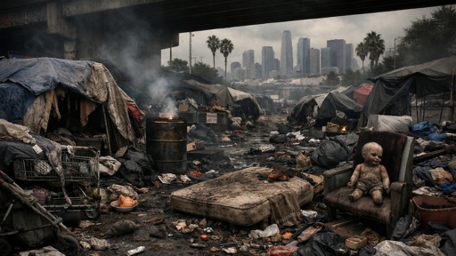 shutterstock_2735172757.jpg A homeless encampment with tents and debris in the foreground, city skyline visible in the background