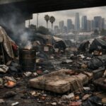 A homeless encampment with tents and debris in the foreground, city skyline visible in the background