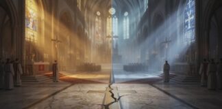 Interior of a cathedral with contrasting light and shadow