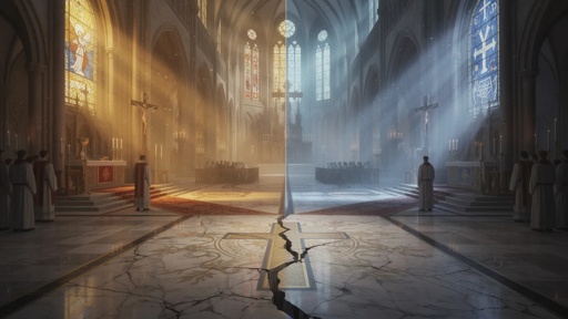 shutterstock_2744600293.jpg Interior of a cathedral with contrasting light and shadow