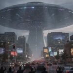 A large UFO hovering over a city street with people looking up in awe