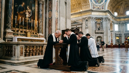 Incredible,Images,Of,Inside,The,Vatican,With,Preists,Praying Clergy members kneeling in prayer inside a grand cathedral