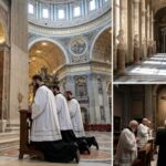 Catholic Bishop EXPOSES Freemasonry Bombshell… Clergy members kneeling in prayer inside a grand cathedral