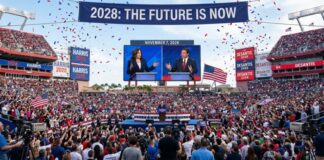Large crowd at a political rally with speakers on stage and confetti in the air