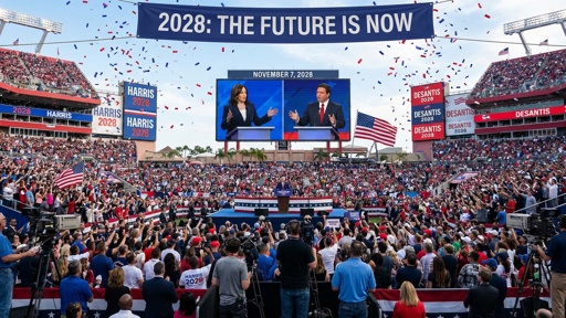 shutterstock_2766635187.jpg Large crowd at a political rally with speakers on stage and confetti in the air