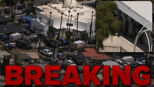 shutterstock_2783122869_edited.jpeg Aerial view of a large police presence at a scene marked as breaking news