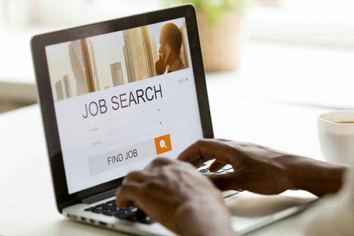 1044298738 Person using laptop for job search.