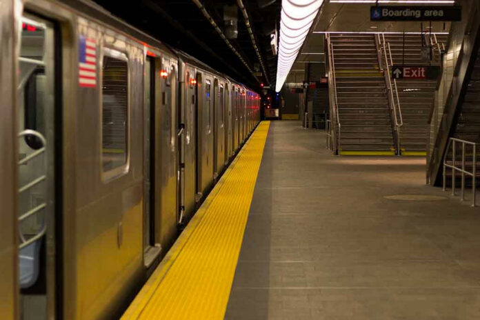 1055366984 Subway station platform with train and exit stairs.