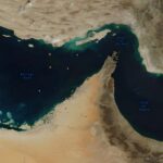 Satellite view of the Strait of Hormuz and surrounding coastlines