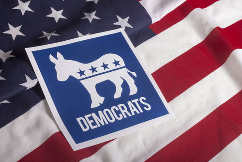 shutterstock305852246-2jpg Democratic Party symbol on American flag background.