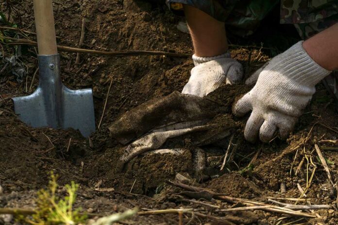 Hands,Of,A,Man,In,White,Gloves,Remove,From,The Gloved hands digging in soil beside a shovel