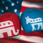 BLUE Fortress Shakes — OUTSIDER Surges IN Red and blue boxing gloves representing Republican and Democratic parties against an American flag background
