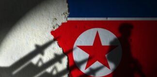 Silhouette of a soldier against a North Korean flag background