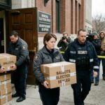 Law enforcement officers transporting sealed ballot boxes outside an election office