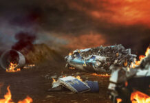Burning airplane wreckage scattered across a desolate landscape.