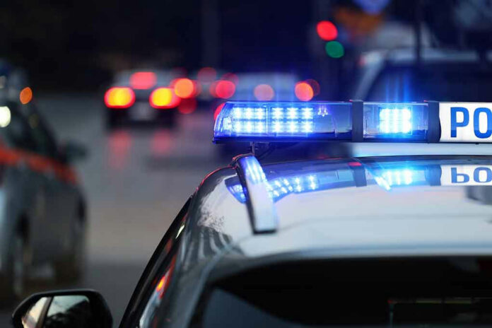 2207267319-1 Police car with flashing blue lights on street.