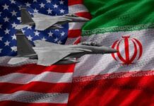 Two fighter jets overlaid on U.S. and Iranian flags