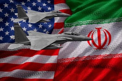 2773013213 Two fighter jets overlaid on U.S. and Iranian flags